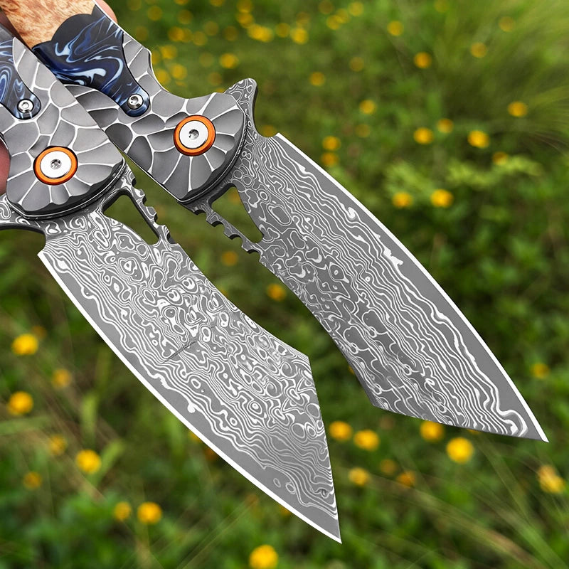 ALVELY Handcrafted Damascus Steel Folding Pocket Knife With Leather Sheath