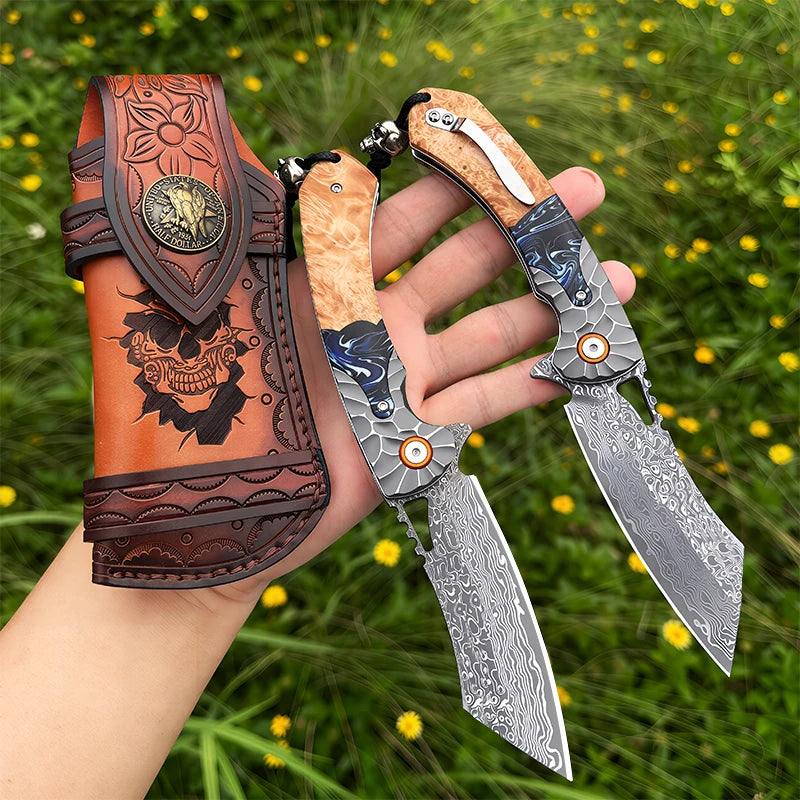 ALVELY Handcrafted Damascus Steel Folding Pocket Knife With Leather Sheath
