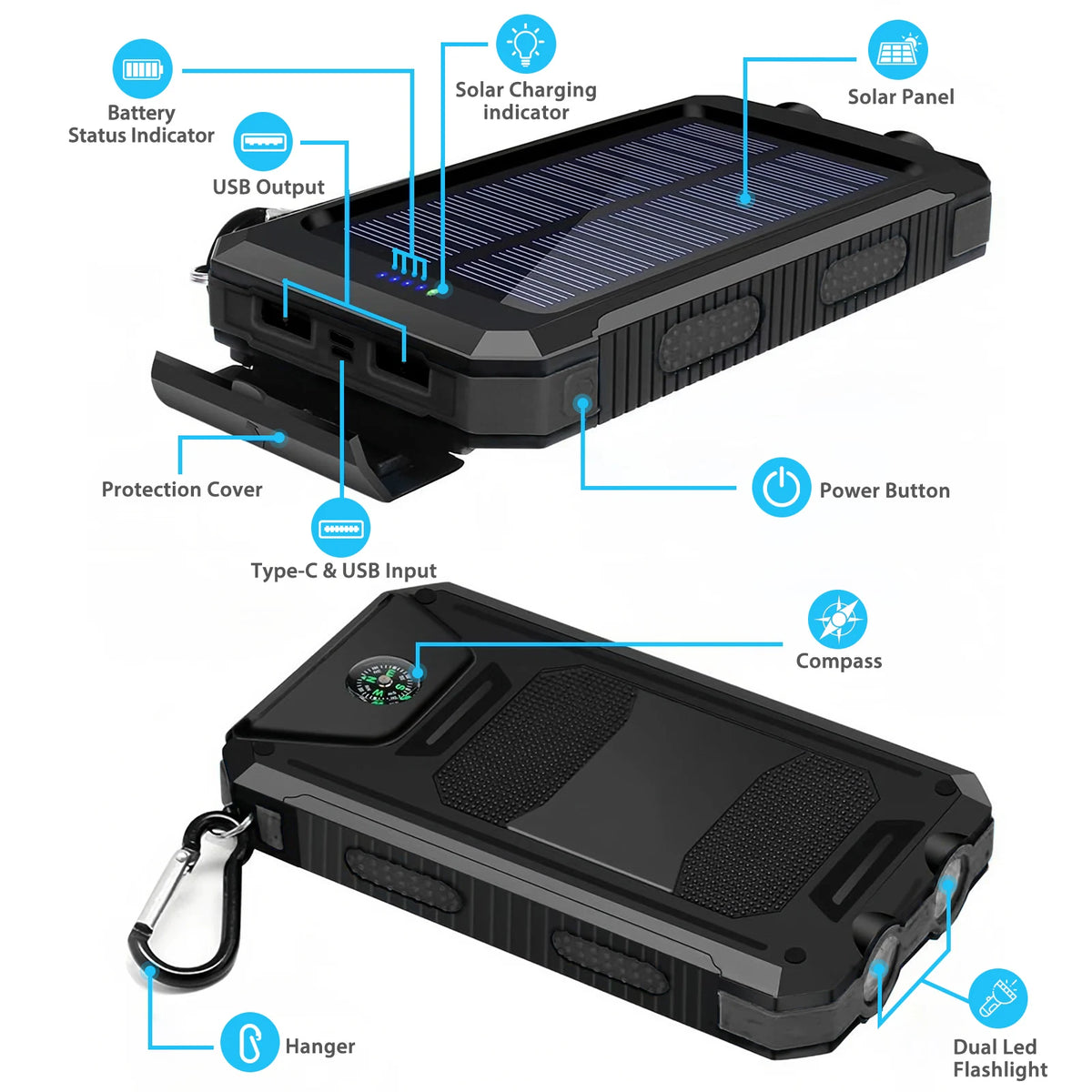 30000mAh Solar Power Bank Portable With Fast Charging Flashlight