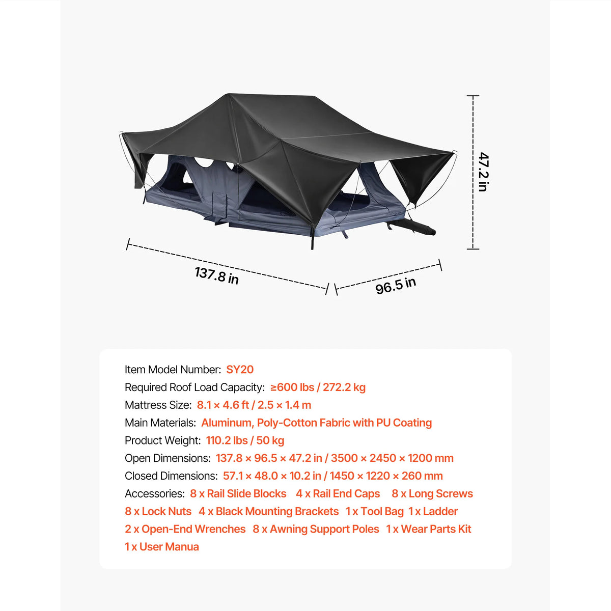 SucceBuy Foldable Waterproof Rooftop Tent With LED Light