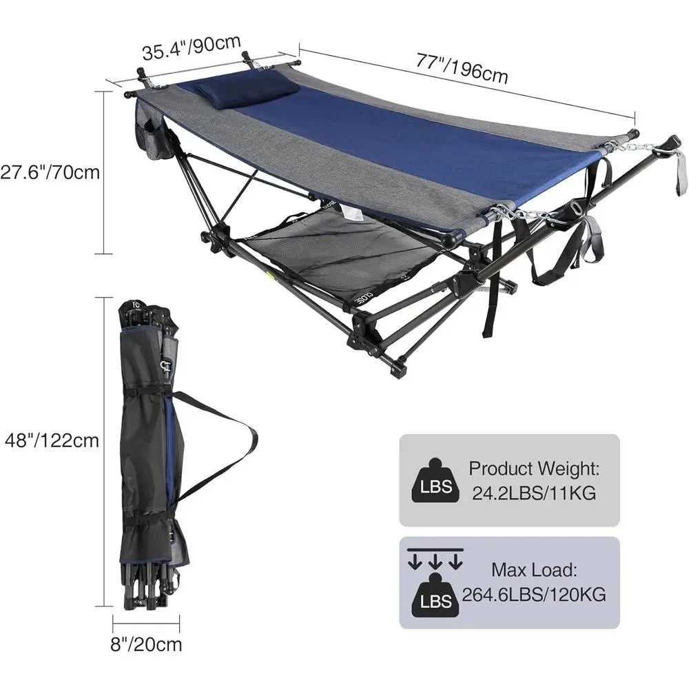 Portable Folding Hammock With Stand, Pillow And Storage Net