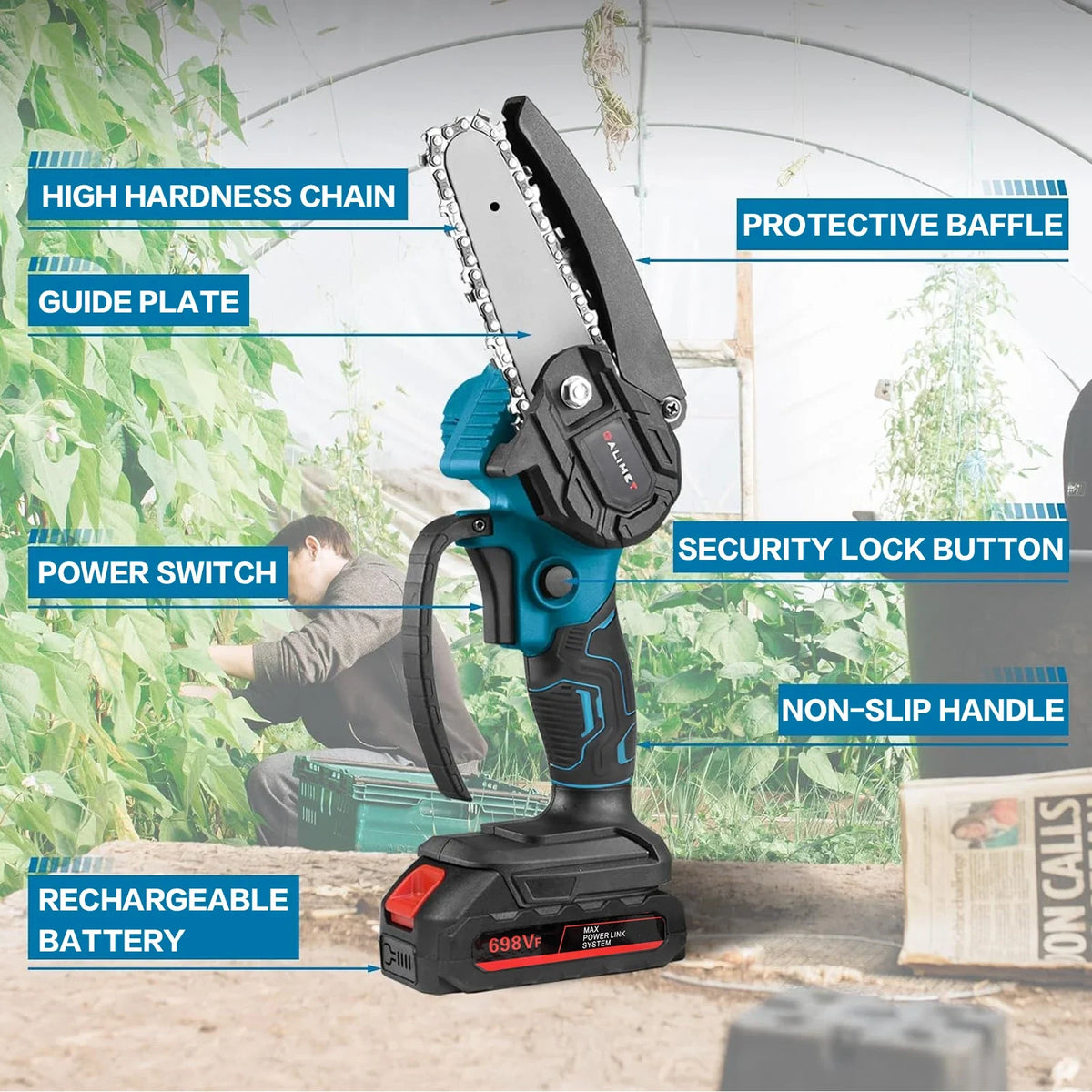 Cordless Rechargeable Handheld Pruning Chainsaw for Garden and Tree Trimming