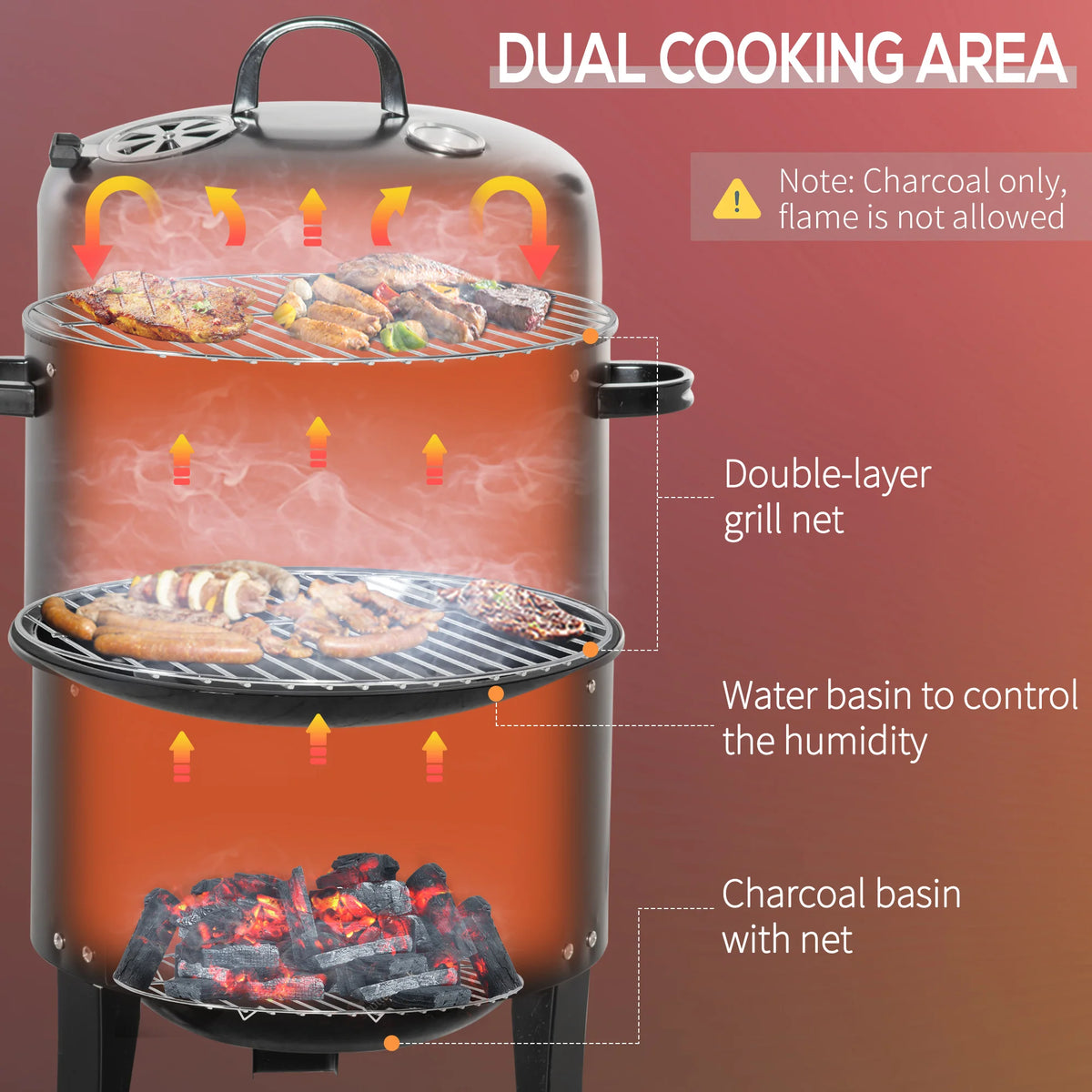 Outsunny 3 In 1 Outdoor Charcoal Barbecue Smoker And Grill