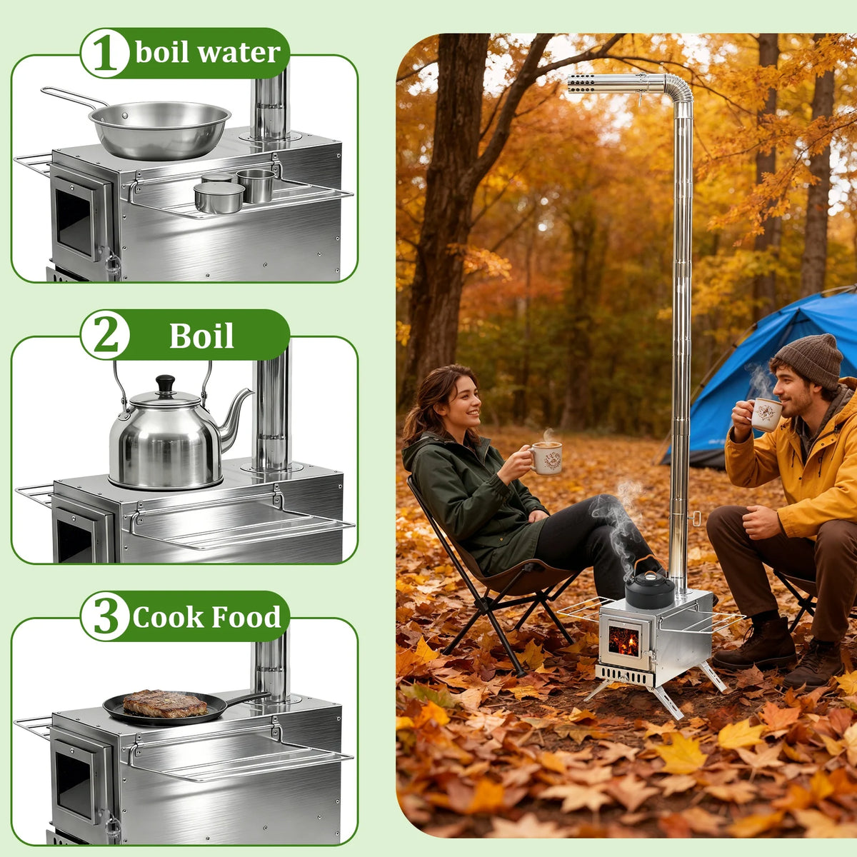Portable Wood Burning Tent Stove With Chimney Pipes