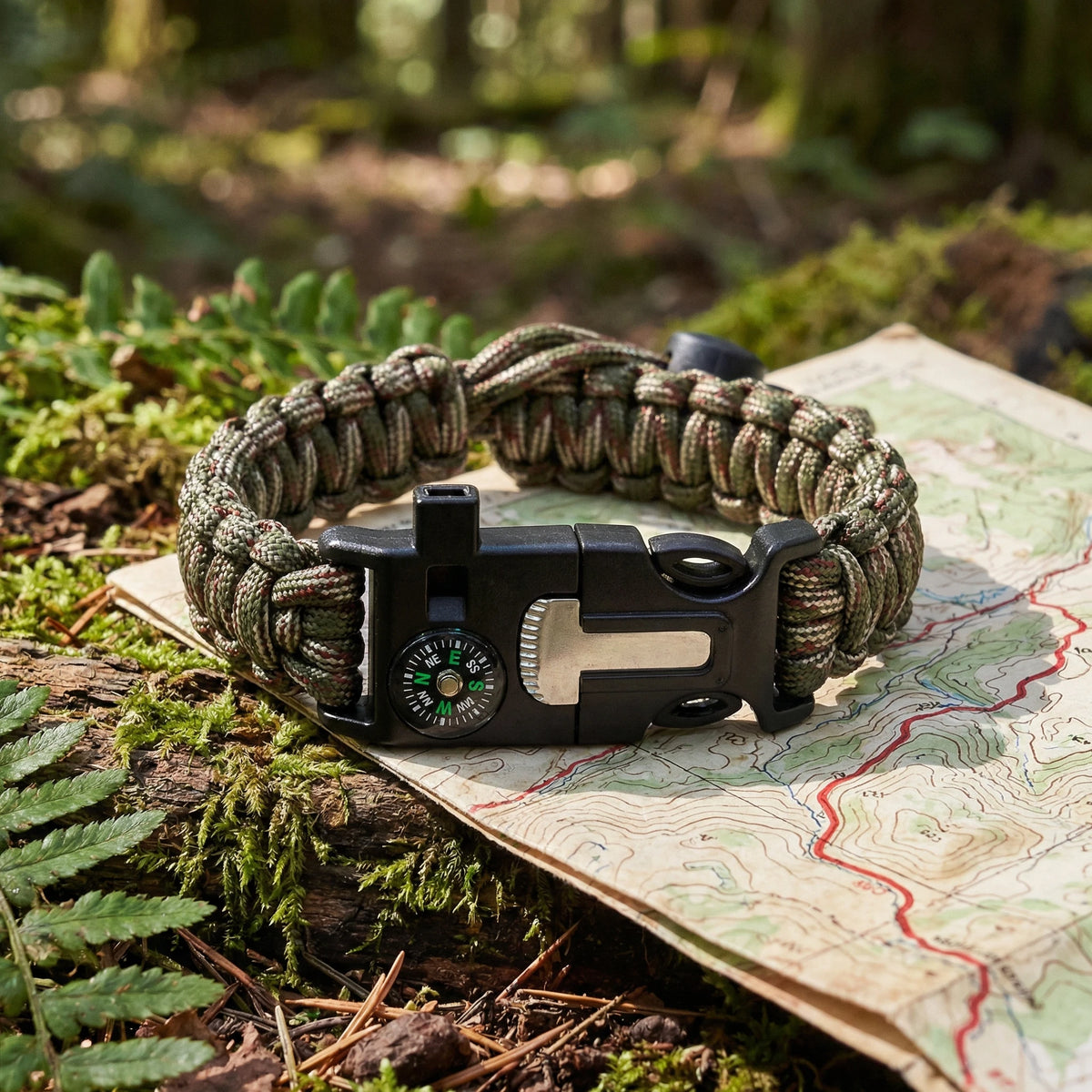 Adjustable Paracord Survival Bracelet With Fire Starter And Compass