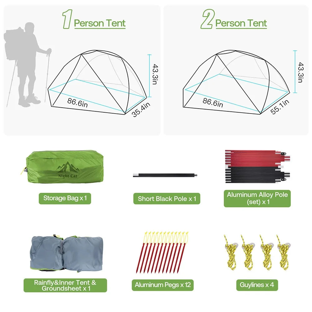 Night Cat Ultralight Waterproof Backpacking Tent For Hiking And Camping