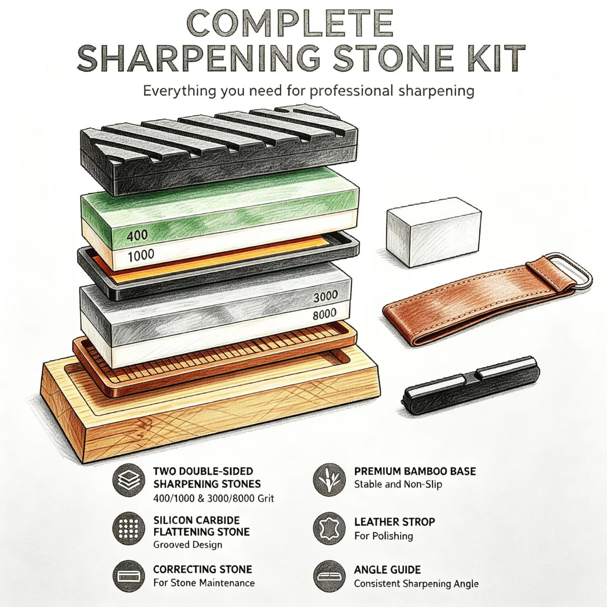 AHTOSKA Knife Sharpening Stone Kit With Strop And Angle Guide