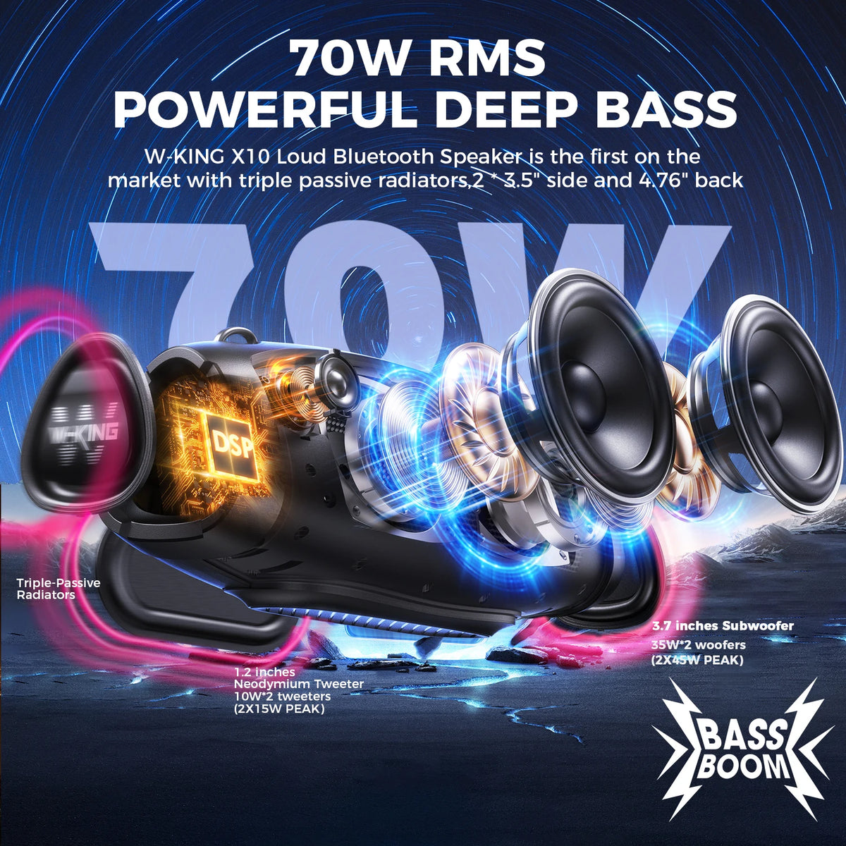 W-King Waterproof Bluetooth Speaker With Wireless Microphone For Outdoor Use