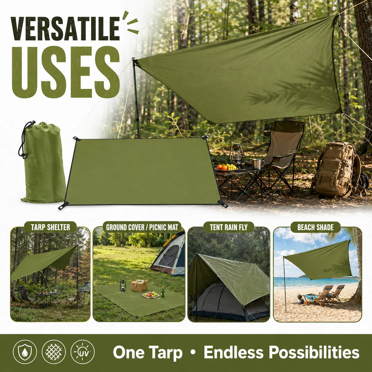 Waterproof Outdoor Camping Tarp And Sun Shade Canopy With Grommets