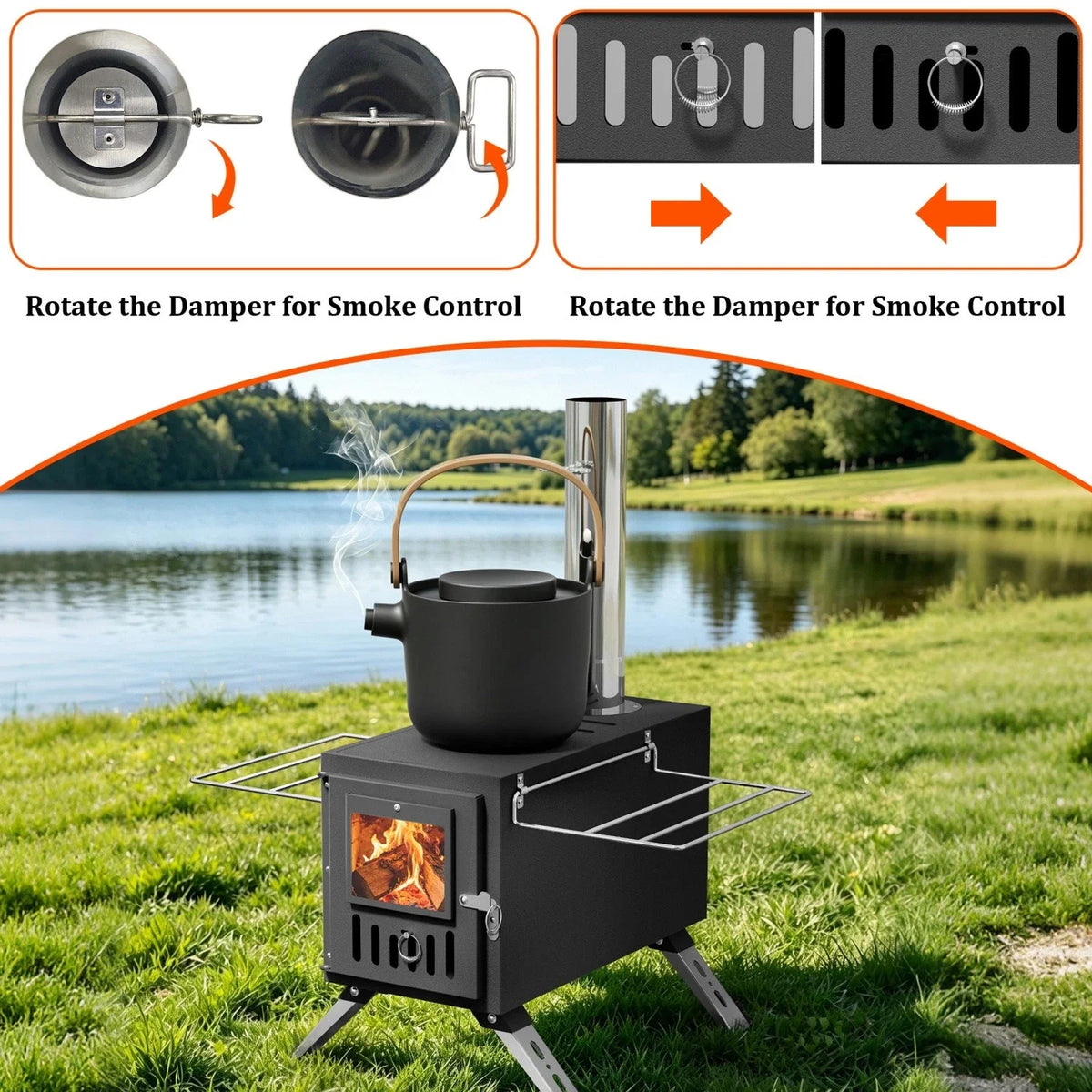 Portable Wood Burning Tent Stove With Stainless Steel Chimney Pipes