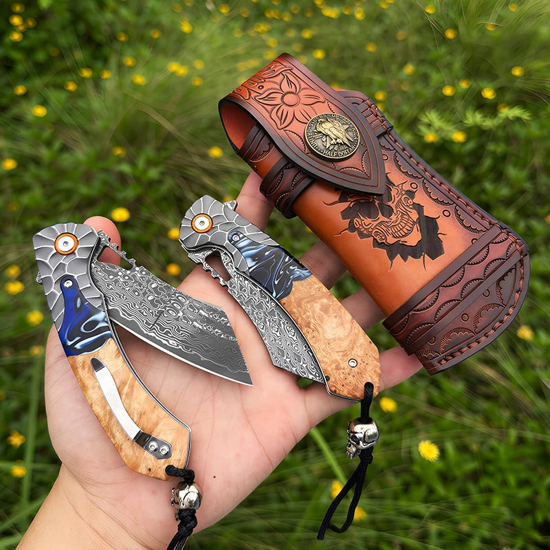 ALVELY Handcrafted Damascus Steel Folding Pocket Knife With Leather Sheath