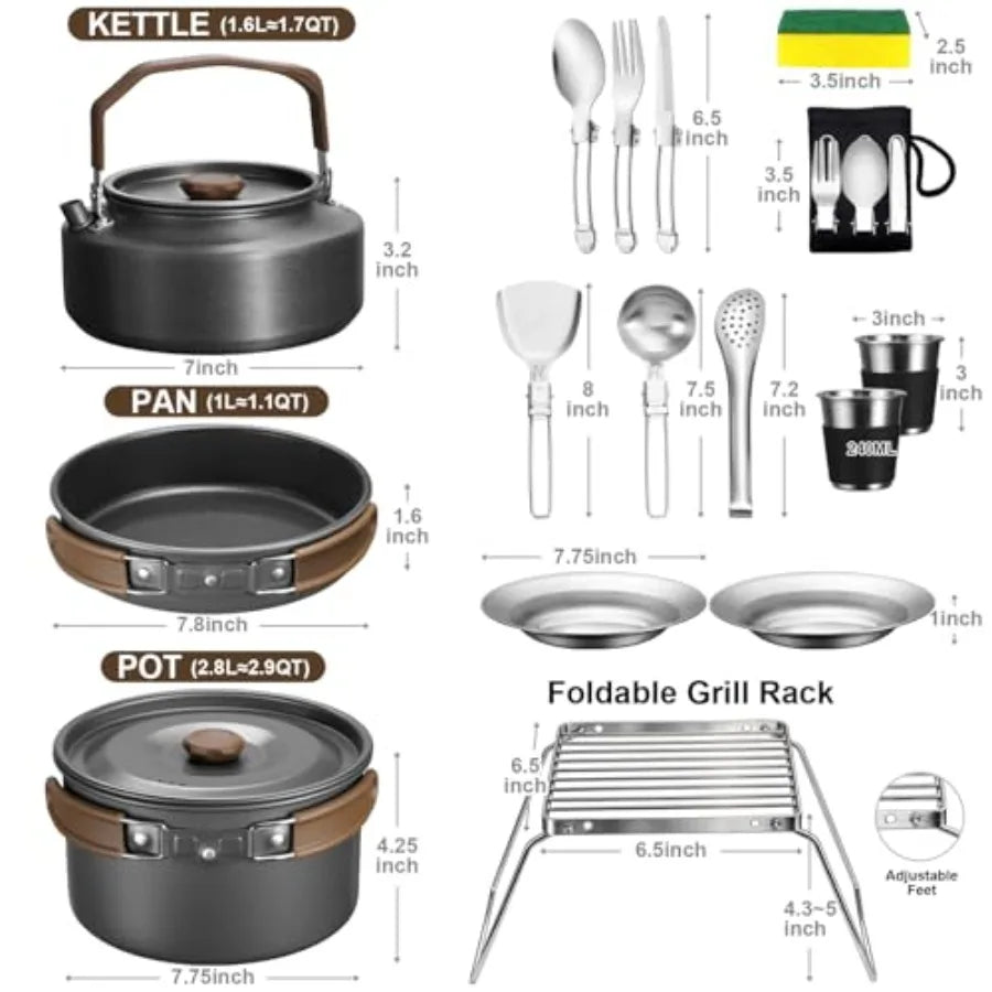 18PCS Stainless Steel Camping Cookware Pot Pan And Kettle Set