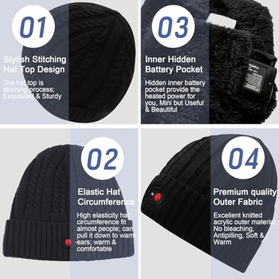 Rechargeable Heated Knit Beanie Hat For Outdoor Activities