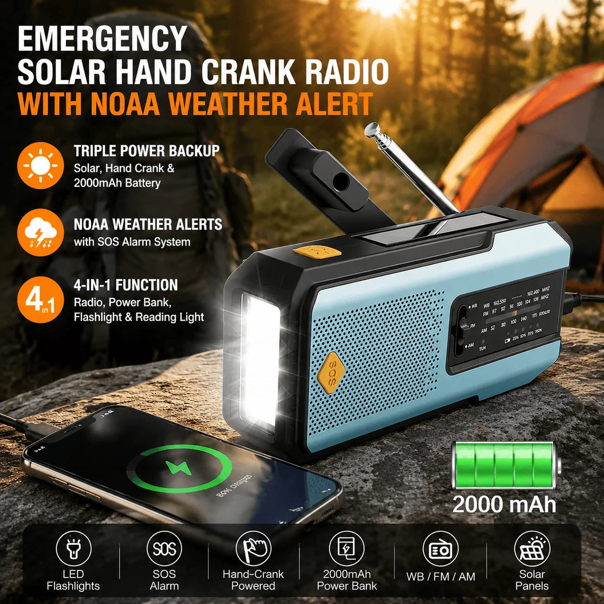 Stonego Emergency Solar Hand Crank NOAA Weather Radio With Flashlight