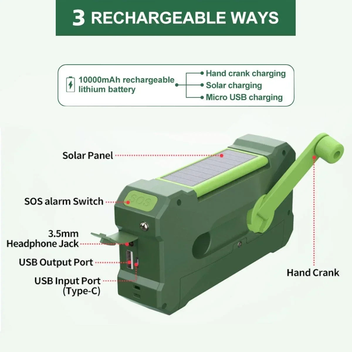 Stonego Emergency Radio Solar Hand Crank 10000mAh NOAA Power Bank