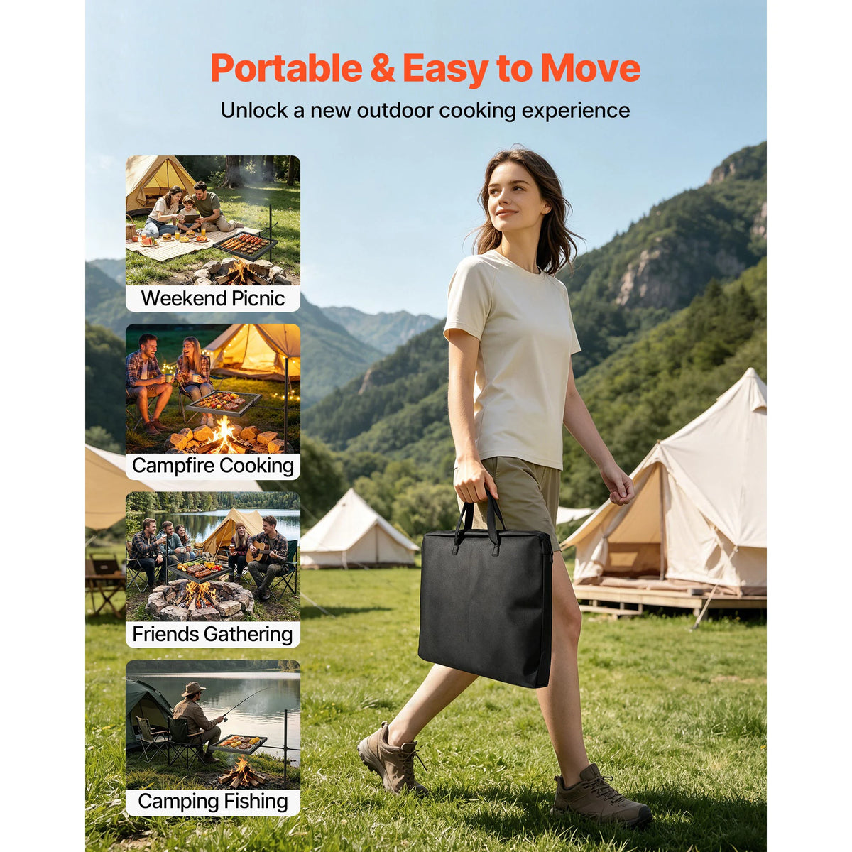 SucceBuy Portable Swivel Campfire Grill for Open Flame Cooking