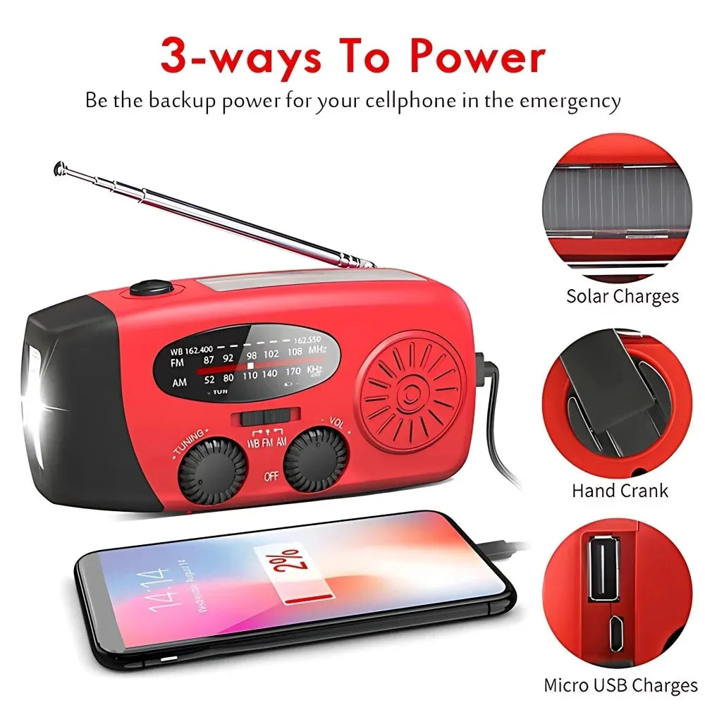 Solar Hand Crank Emergency Weather Radio With Power Bank Flashlight