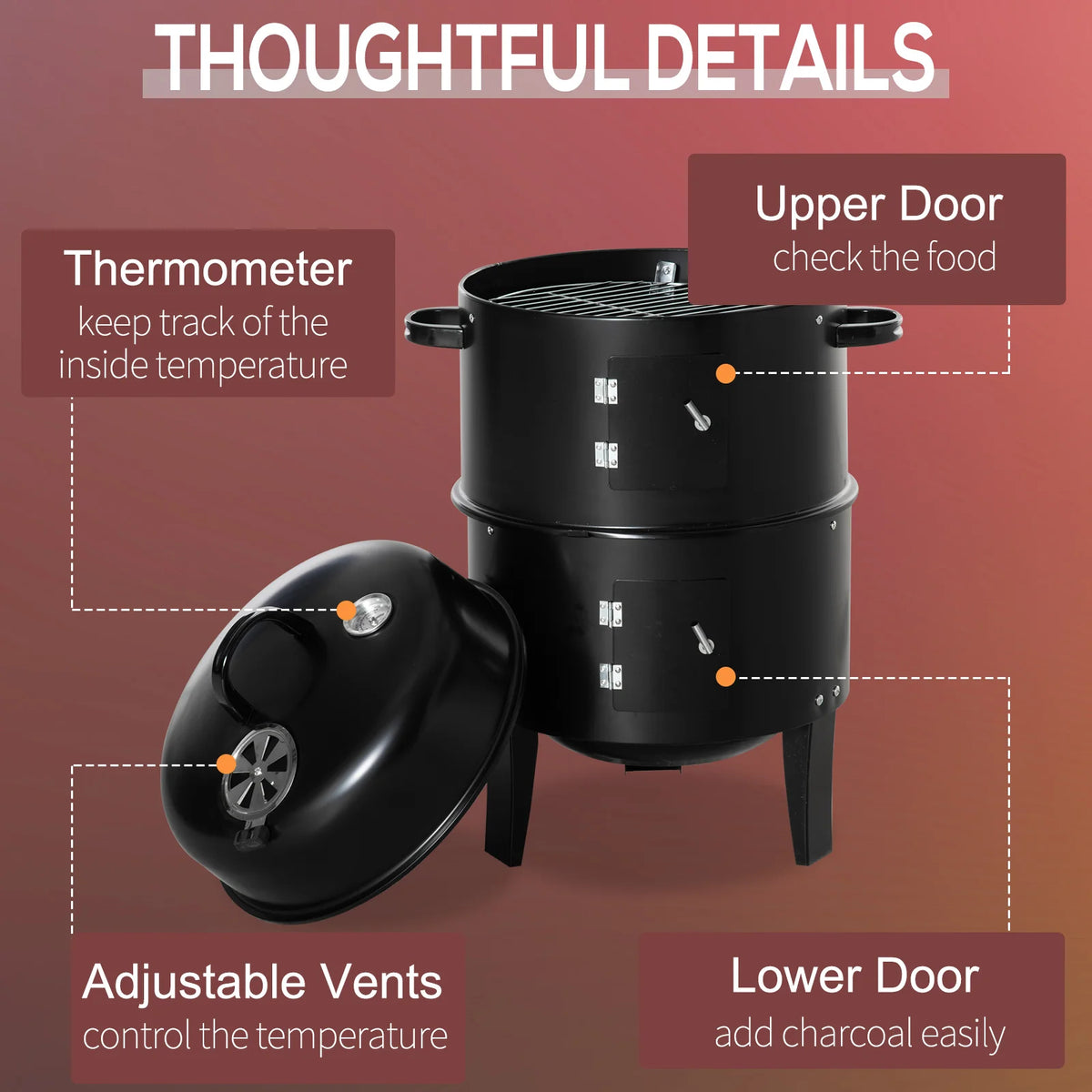 Outsunny 3 In 1 Outdoor Charcoal Barbecue Smoker And Grill