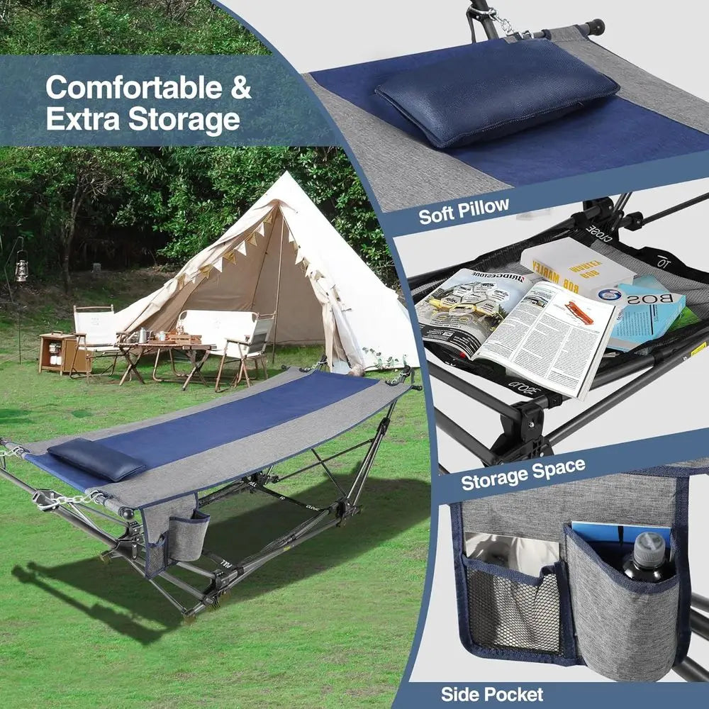 Portable Folding Hammock With Stand, Pillow And Storage Net