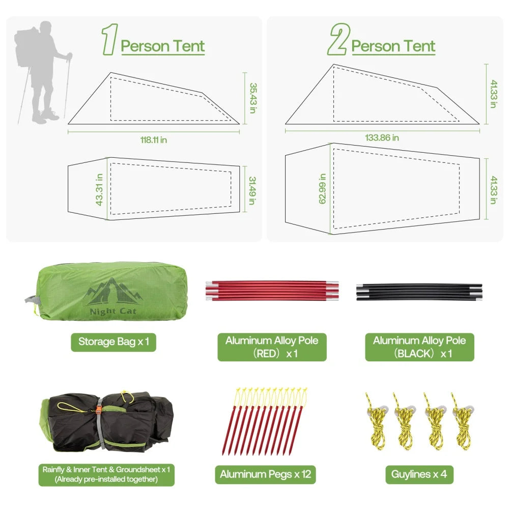 Night Cat Ultralight Waterproof Tunnel Tent for Backpacking