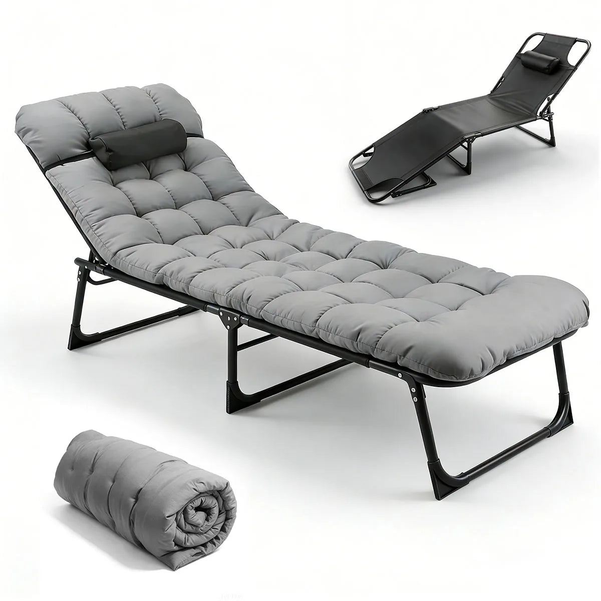 Folding Reclining Camping Lounge Chair With Removable Cushion