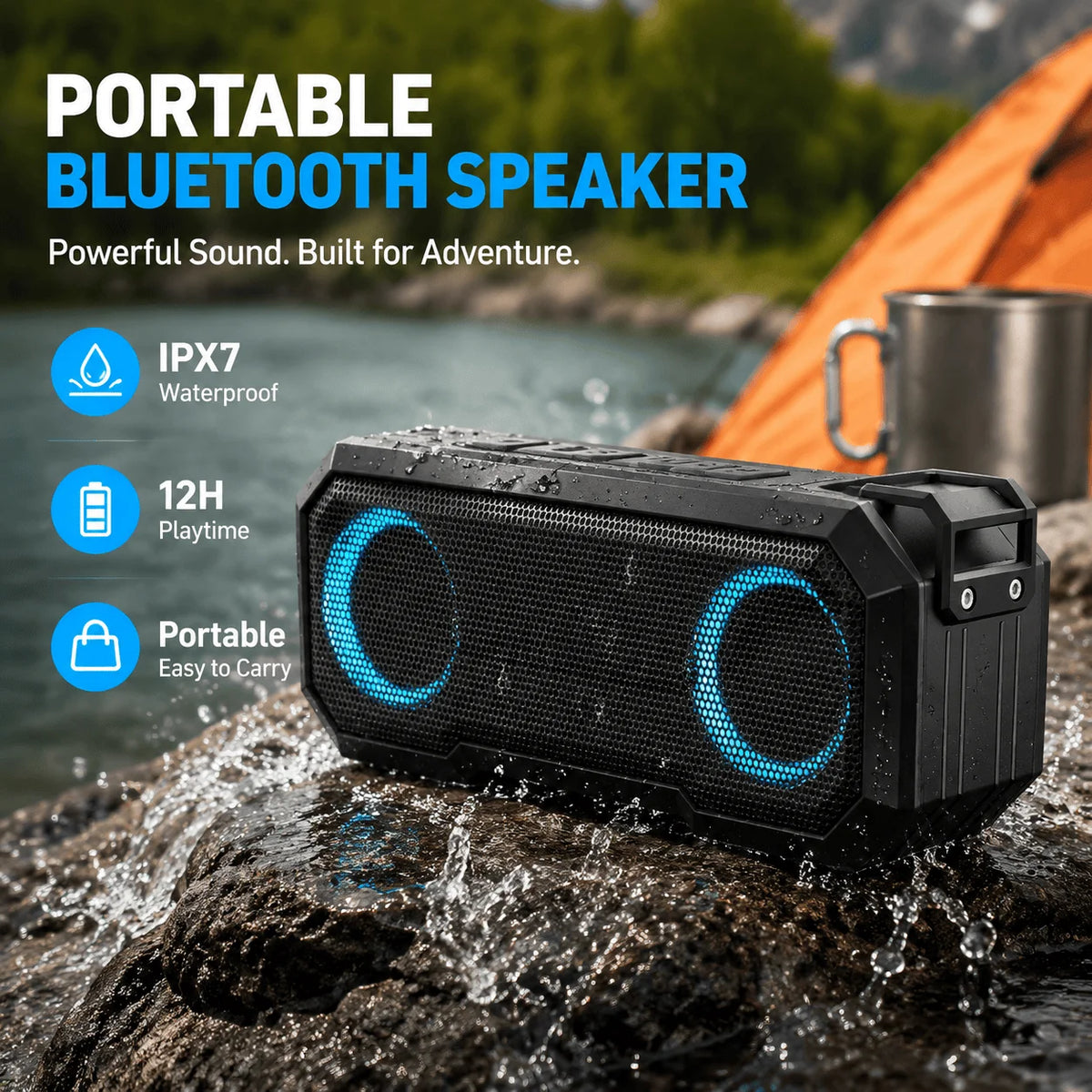 STONEGO Waterproof Bluetooth Speaker With LED Light And Stereo Bass