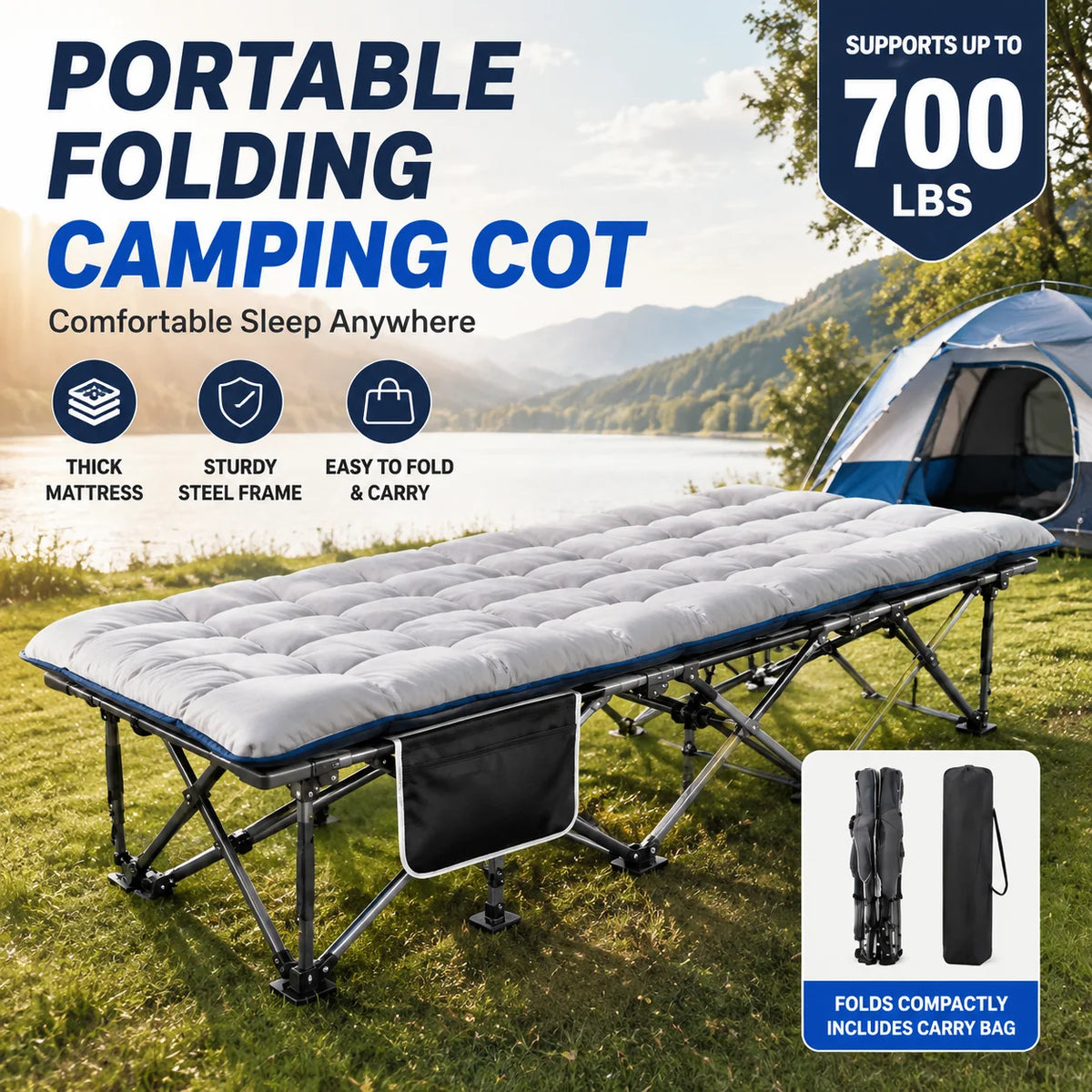 Portable Folding Camping Cot With Thick Padded Mattress For Camping and Travel