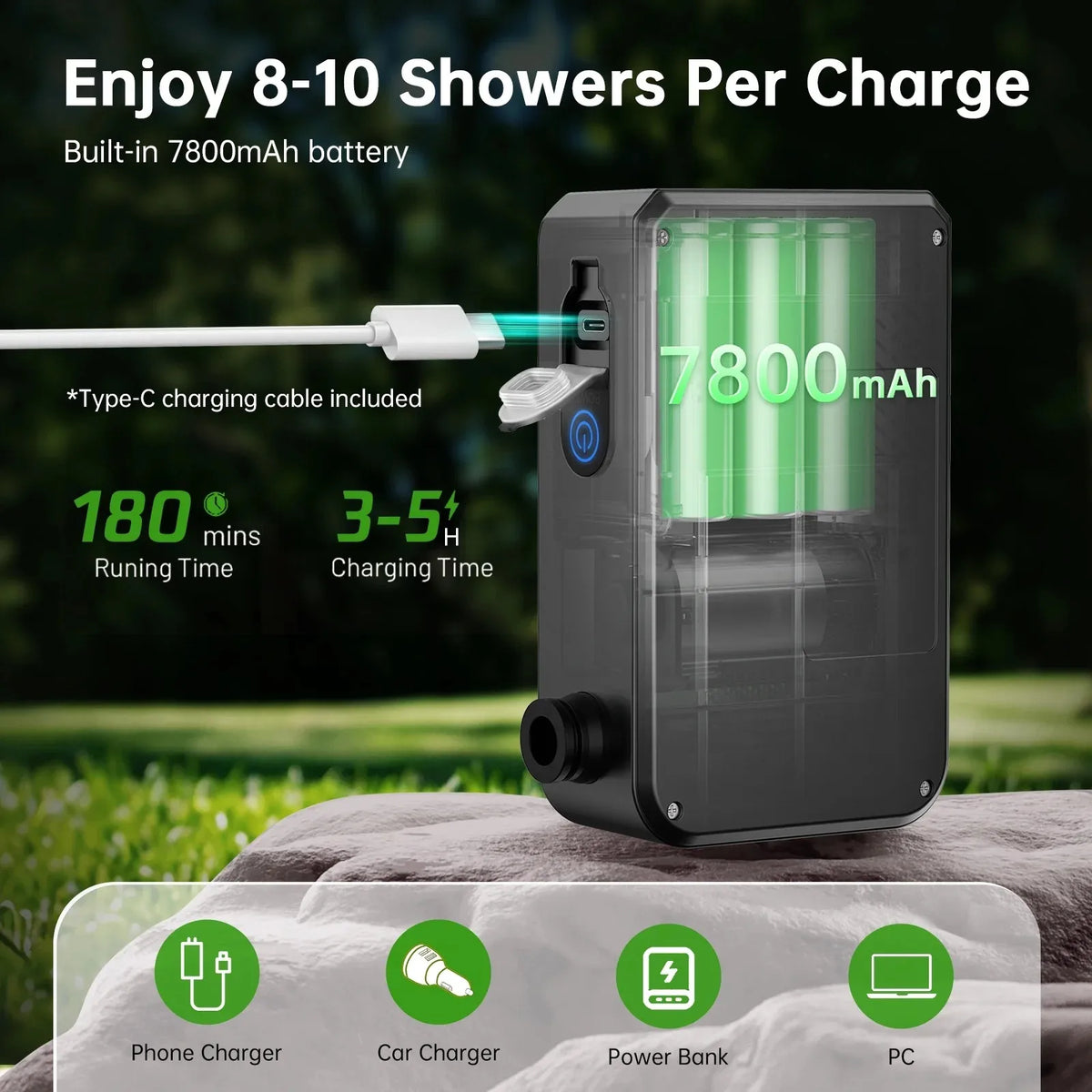 Portable Camping Shower With Rechargeable Pump And Four Spray Modes