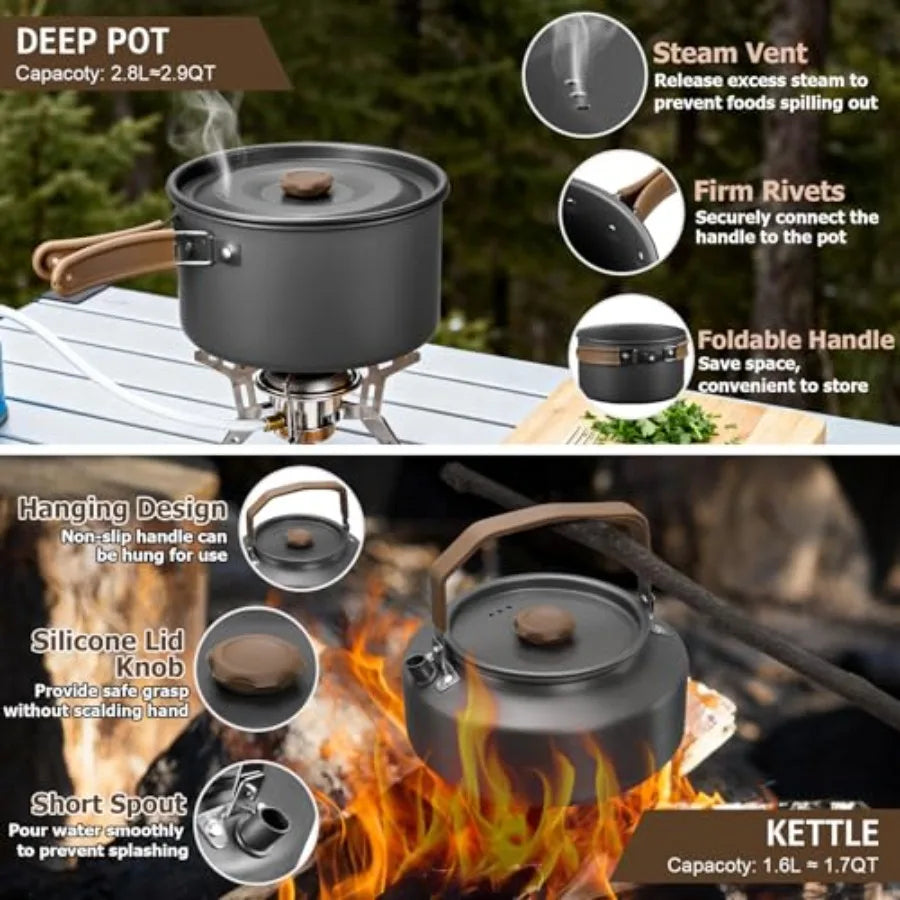 18PCS Stainless Steel Camping Cookware Pot Pan And Kettle Set