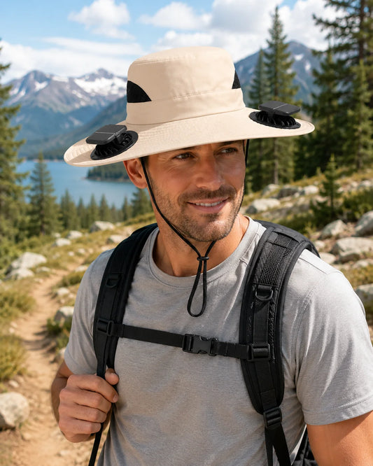 Solar Powered Cooling Fan Hat With Wide Brim