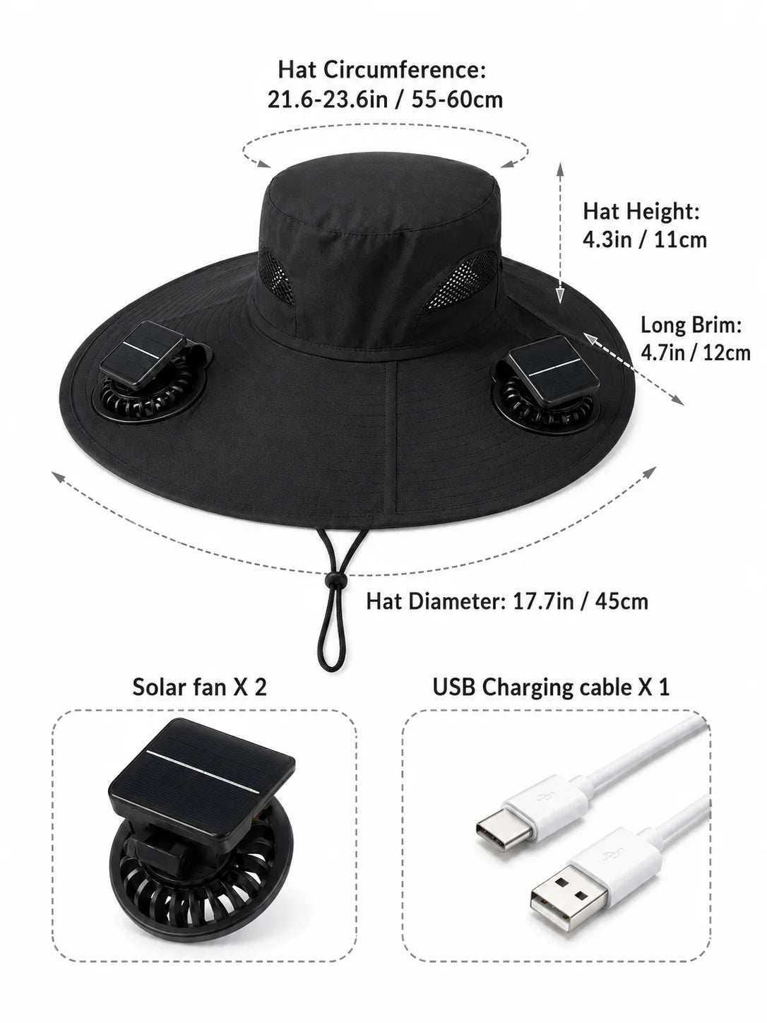 Solar Powered Cooling Fan Hat With Wide Brim