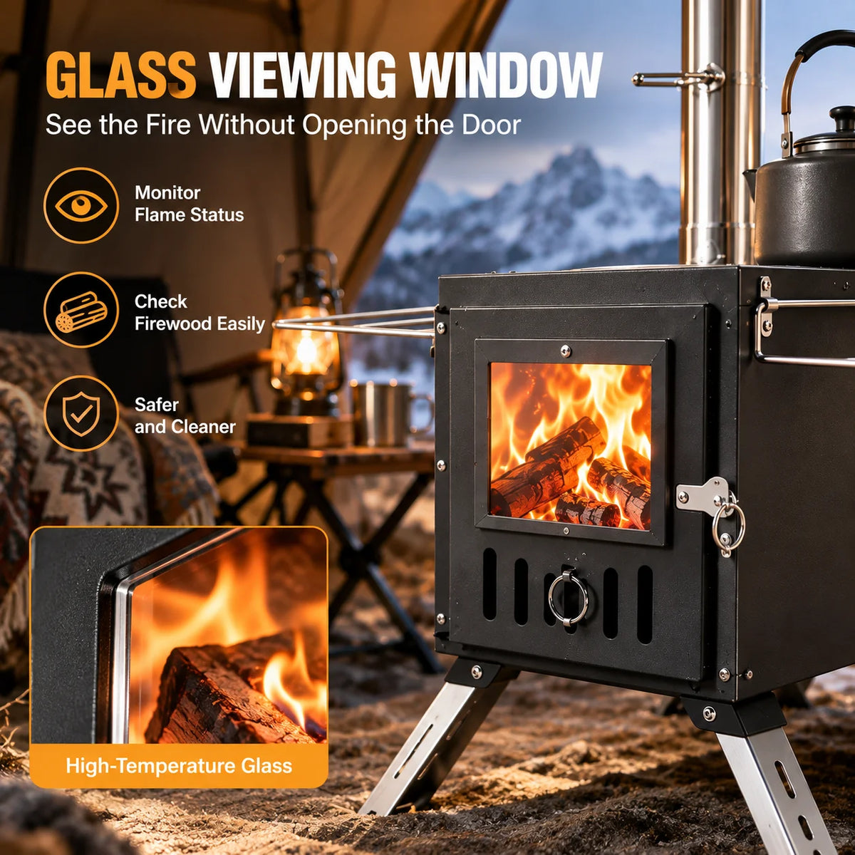 Portable Wood Burning Tent Stove With Stainless Steel Chimney Pipes