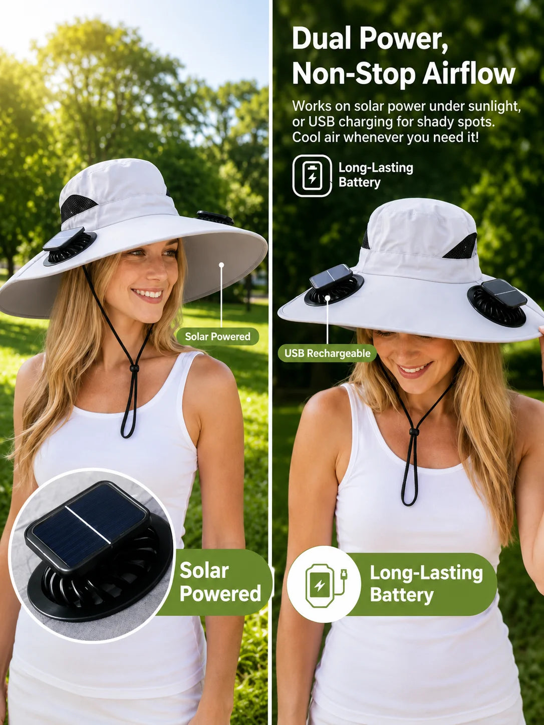 Solar Powered Cooling Fan Hat With Wide Brim