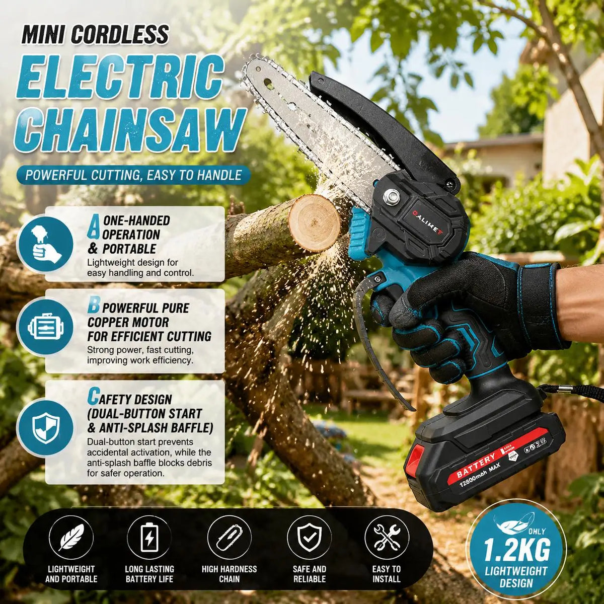 Cordless Rechargeable Handheld Pruning Chainsaw for Garden and Tree Trimming