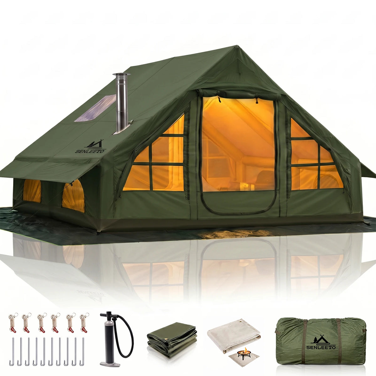 SENLEETO Inflatable Glamping Tent With Stove Jack And AC Vent