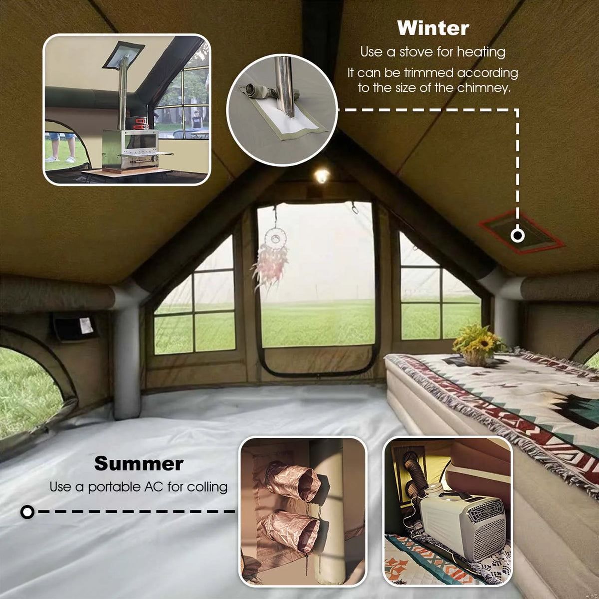 SENLEETO Inflatable Glamping Tent With Stove Jack And AC Vent