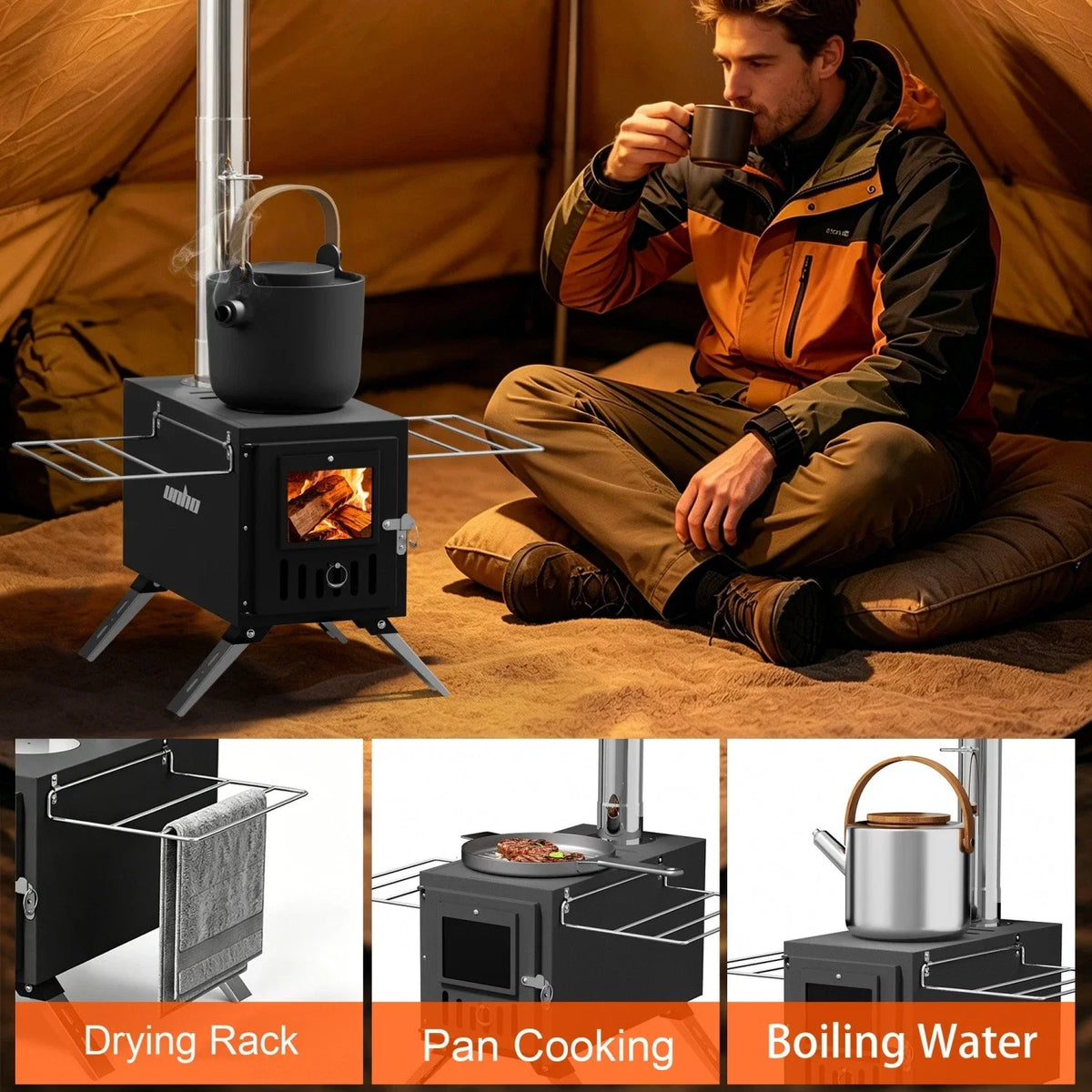 Portable Wood Burning Tent Stove With Stainless Steel Chimney Pipes