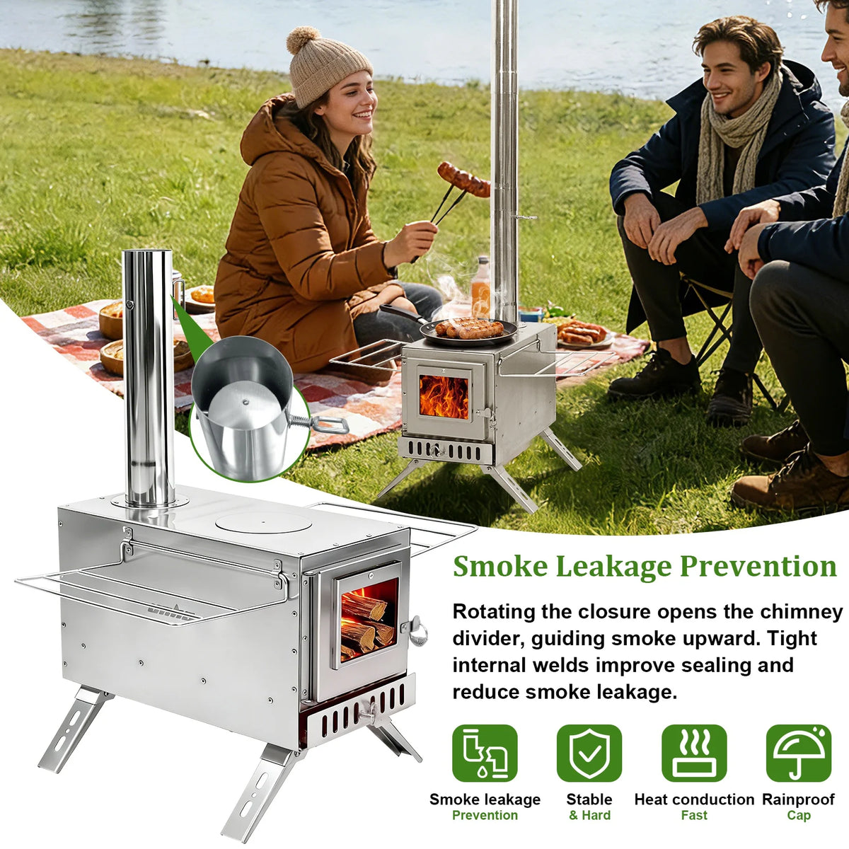 Portable Wood Burning Tent Stove With Chimney Pipes