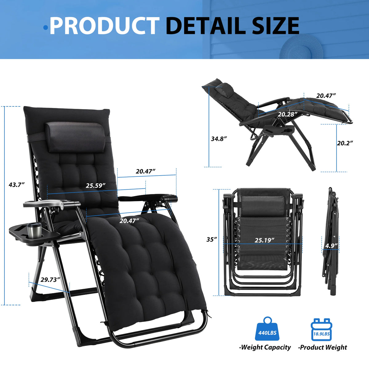 MCQ Zero Gravity Outdoor Folding Cushioned Lounge Chair