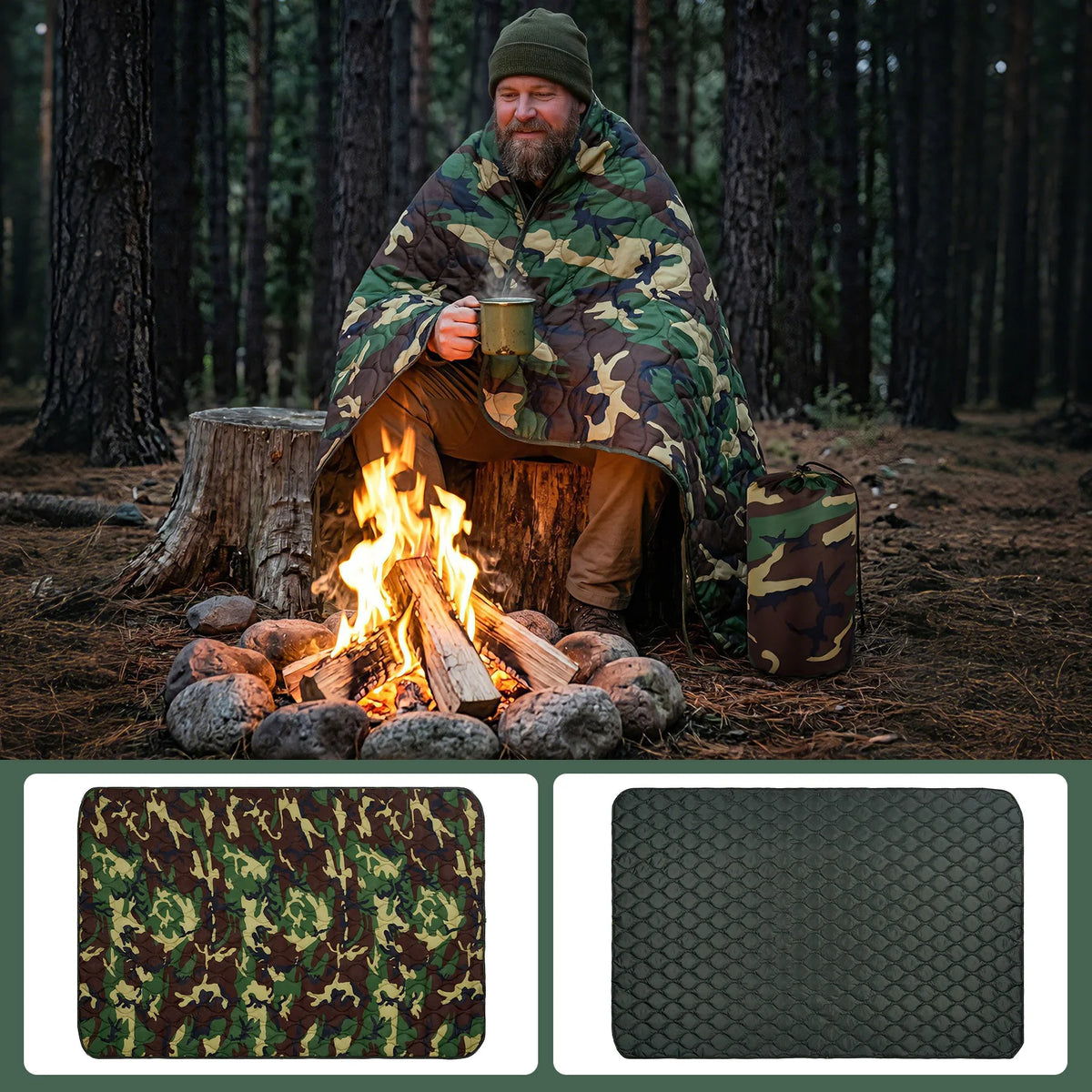 Lightweight Quilted Camping Blanket and Outdoor Poncho Liner
