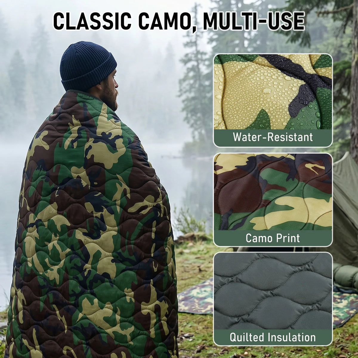 Lightweight Quilted Camping Blanket and Outdoor Poncho Liner