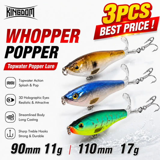 KINGDOM Topwater Popper Fishing Lure Set for Bass and Trout