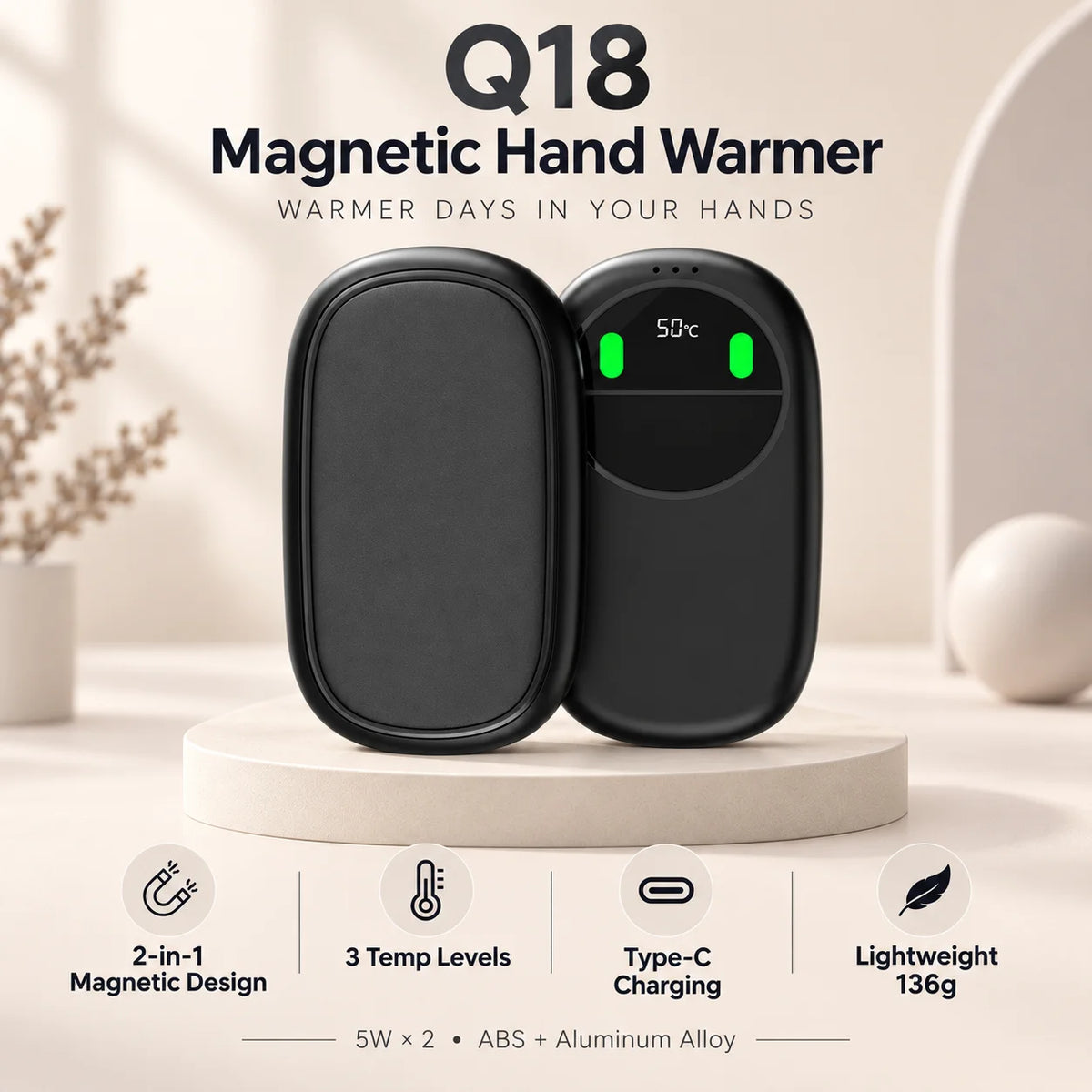 Smart Temp Control Magnetic Hand Warmer With Dual Heating And Portable Design