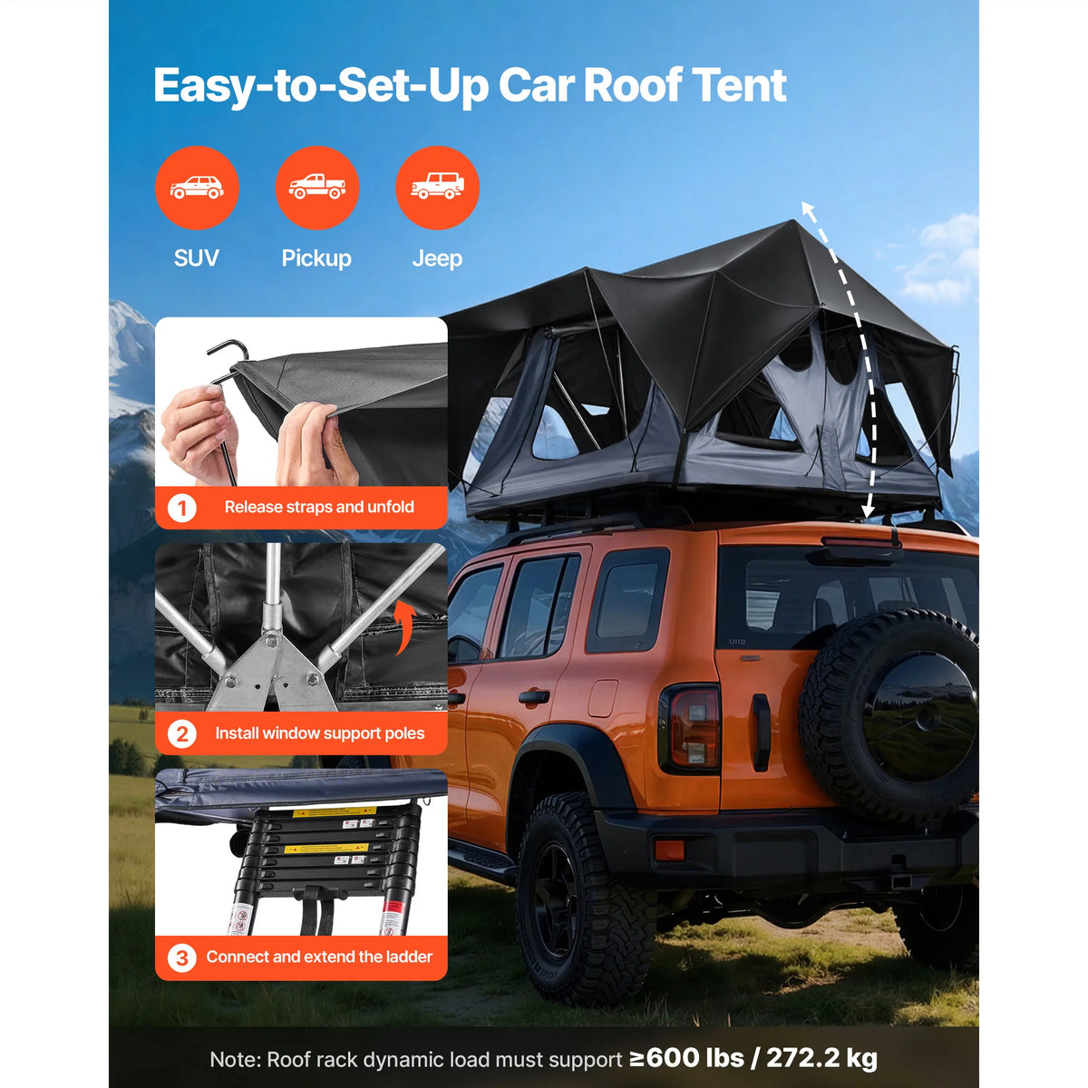 SucceBuy Foldable Waterproof Rooftop Tent With LED Light