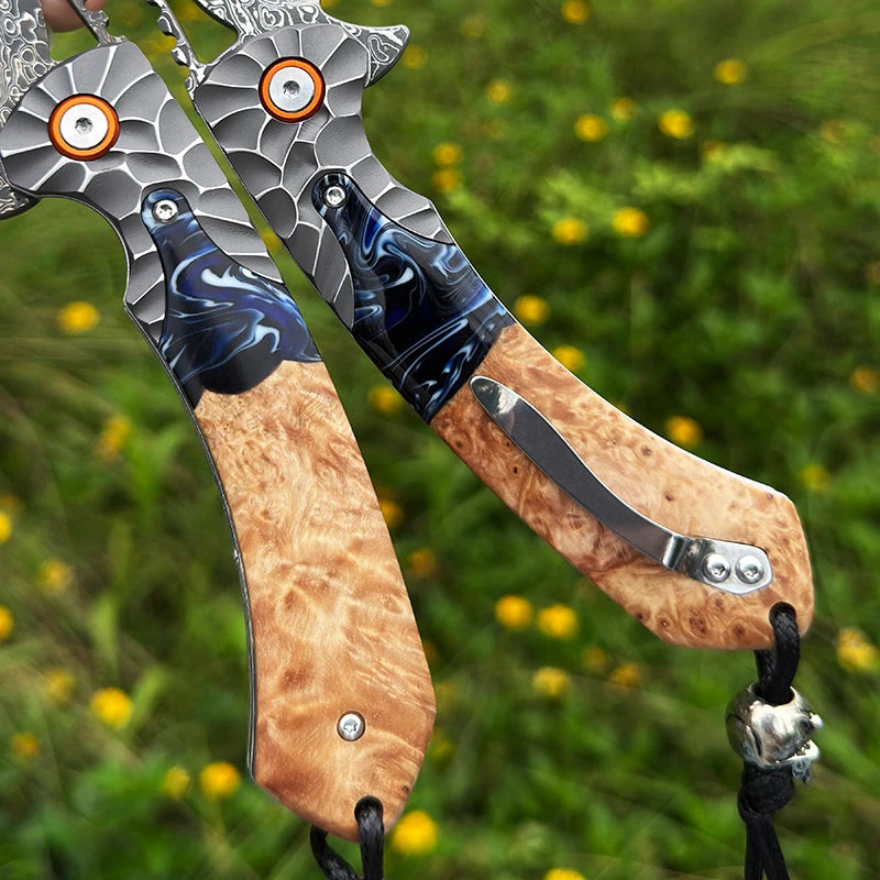 ALVELY Handcrafted Damascus Steel Folding Pocket Knife With Leather Sheath