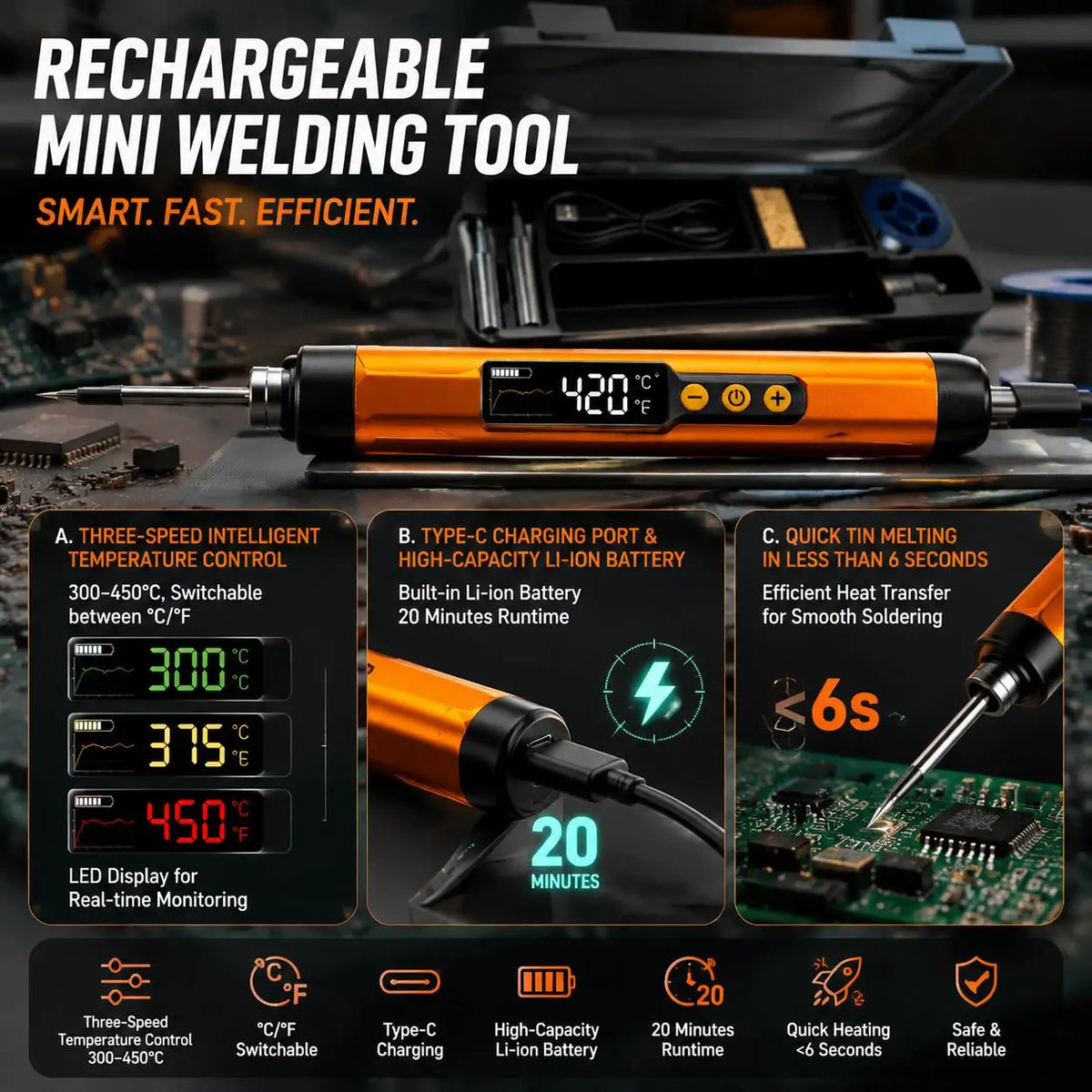 USB Rechargeable Cordless Soldering Iron With Adjustable Temperature Control