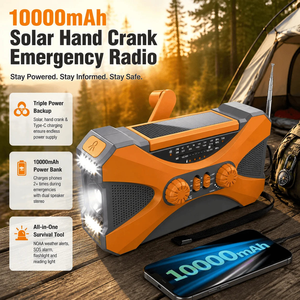 Stonego Emergency Radio Solar Hand Crank 10000mAh NOAA Power Bank