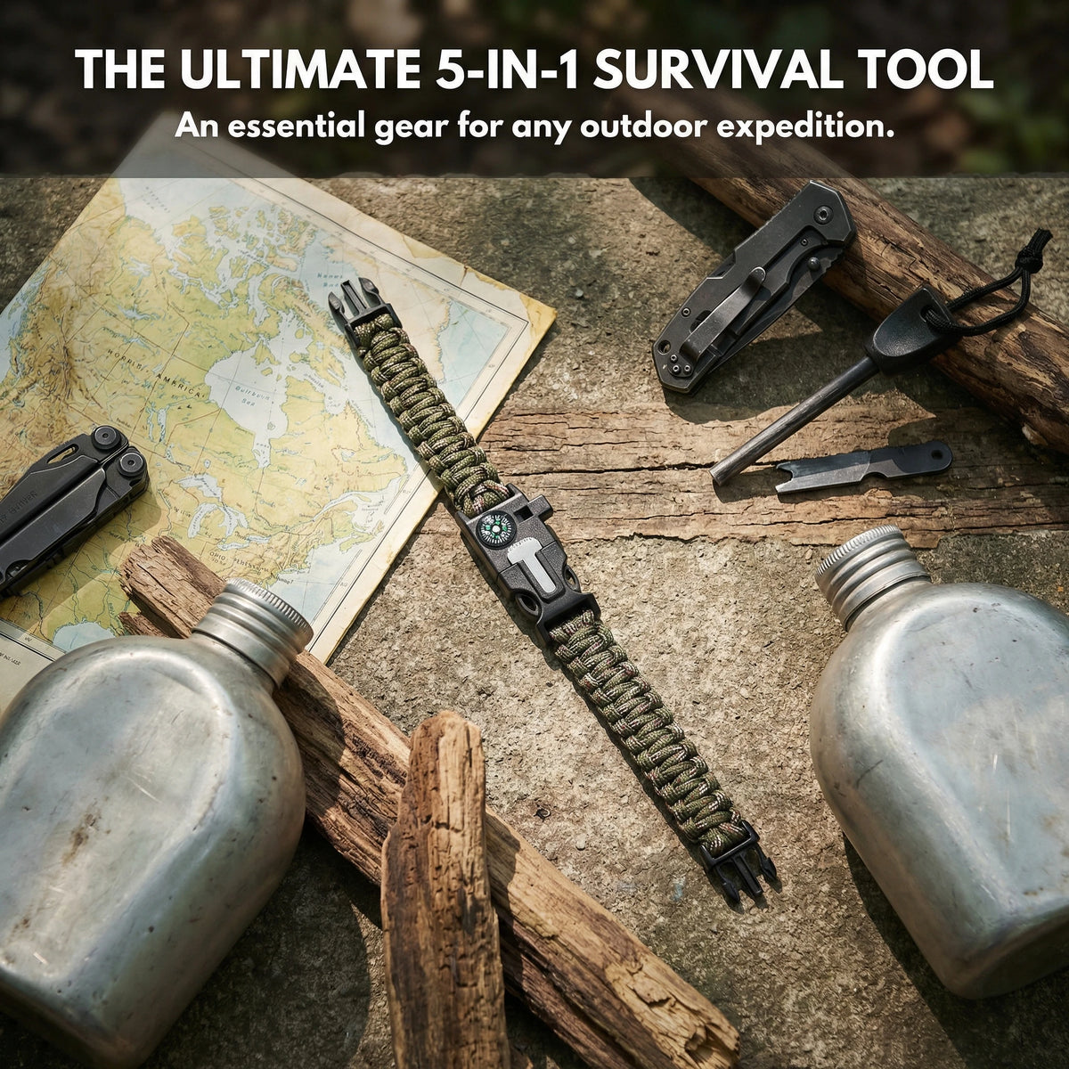 Adjustable Paracord Survival Bracelet With Fire Starter And Compass