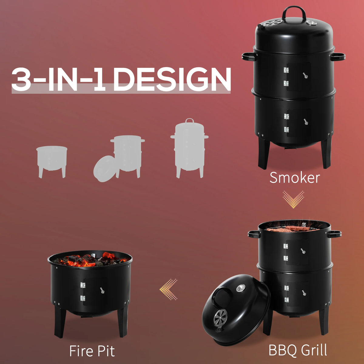 Outsunny 3 In 1 Outdoor Charcoal Barbecue Smoker And Grill