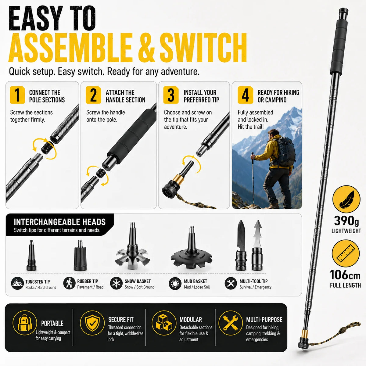 Adjustable Telescopic Trekking Pole With Comfort Grip